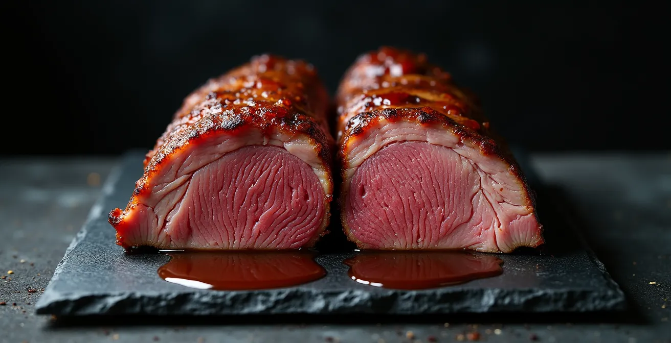 Close-up of properly rested brisket showing juice retention and rich brown color