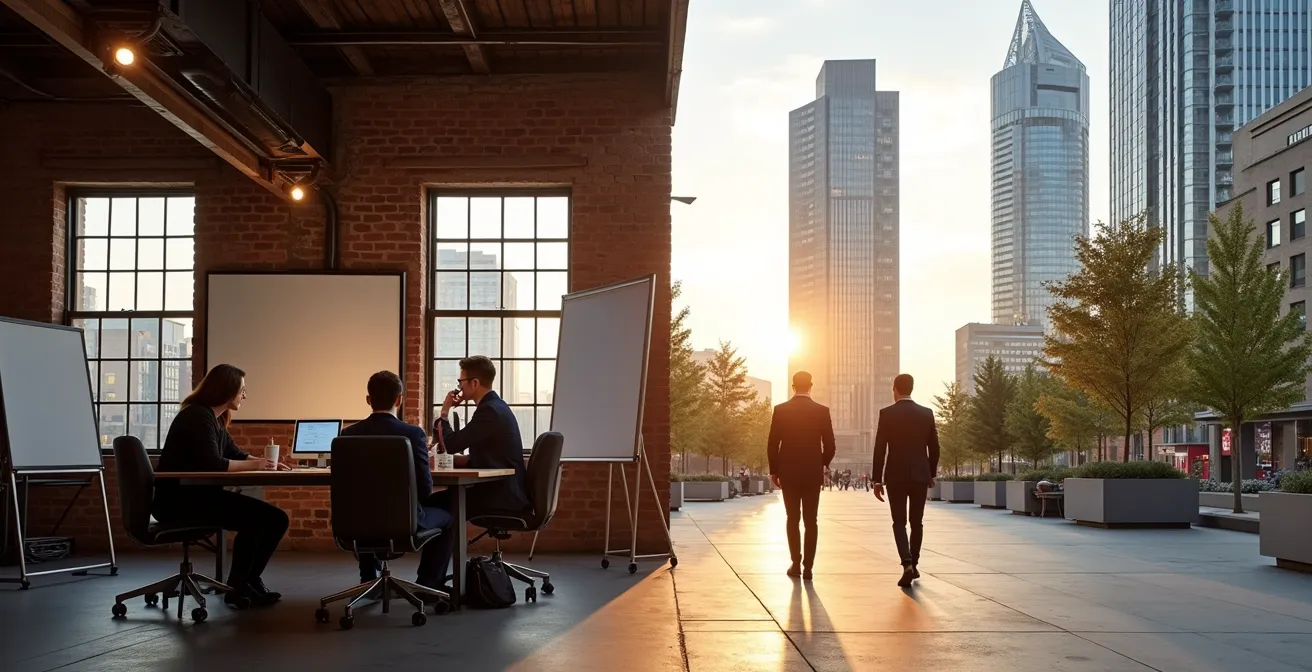 Split composition showing tech development in Shoreditch transitioning to banking district of Canary Wharf