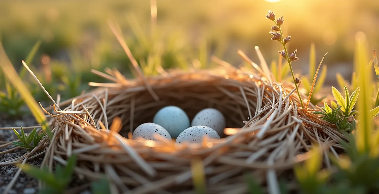 Ground-nesting skylark camouflaged in Cotswold grassland with eggs