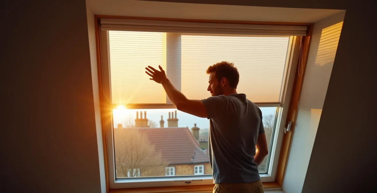 External blinds on south-facing dormer windows of London Victorian home at golden hour