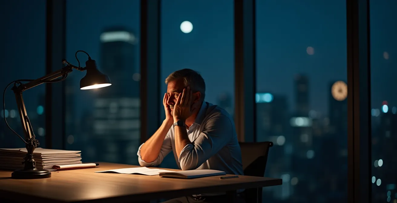 Senior finance executive working late in London office tower reviewing documents