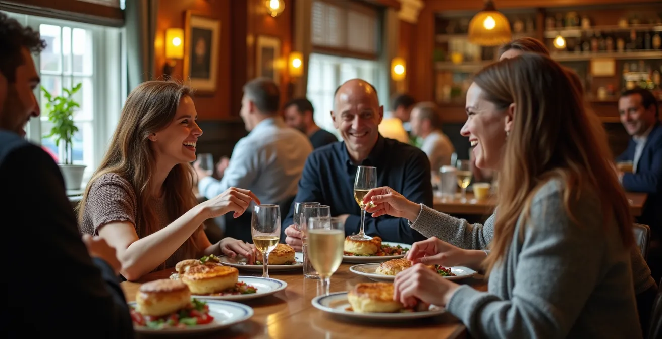 Bustling gastropub during Sunday lunch service with diners enjoying roast dinners