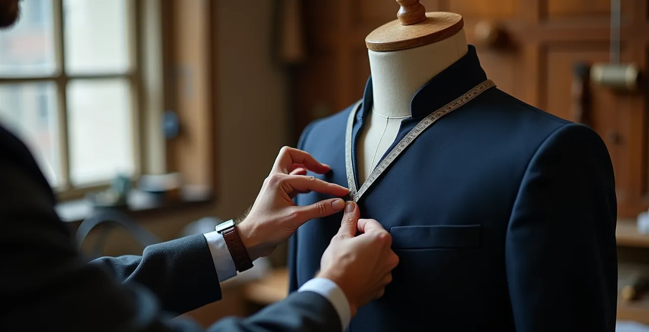 Master tailor adjusting suit jacket on dress form in traditional workshop