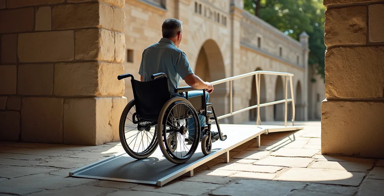 Temporary aluminum ramp installation at a historic stone building entrance