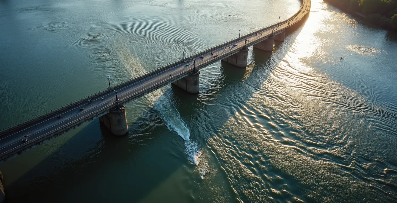 Aerial view showing tidal flow patterns and eddies around bridge piers on the Thames