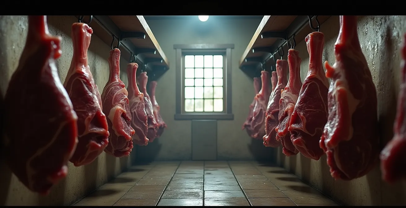 Interior of a traditional Yorkshire butcher's dry-aging room with hanging beef carcasses