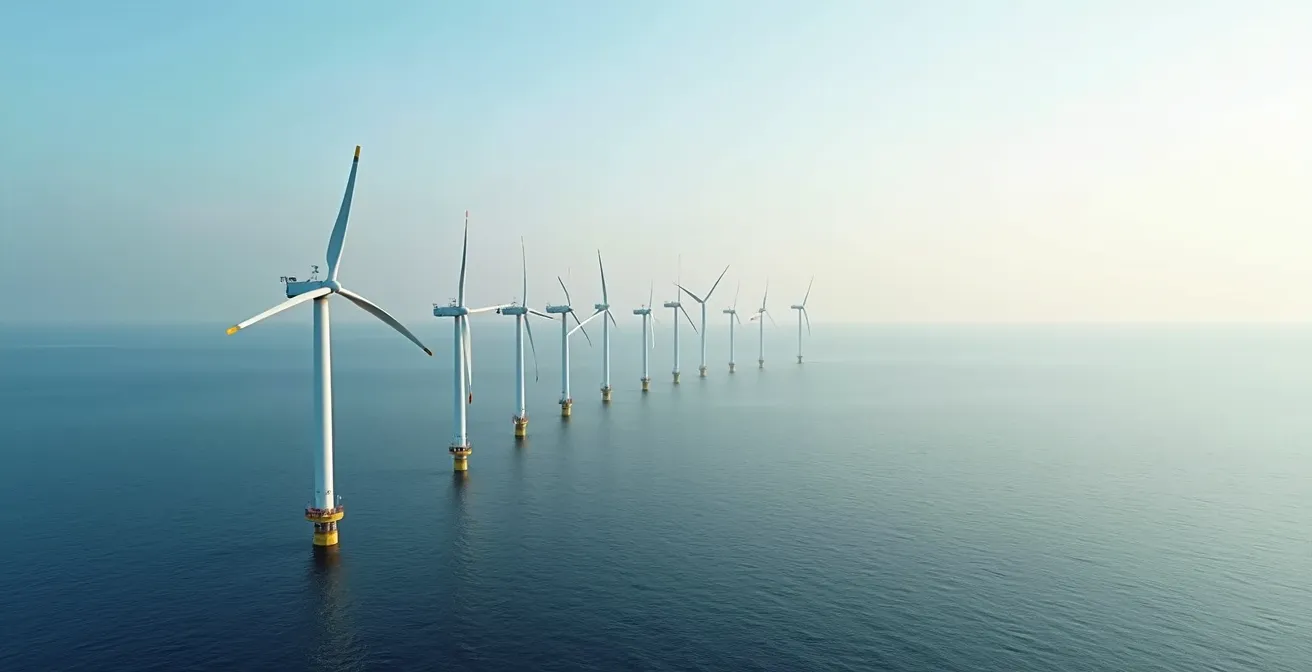Aerial view of offshore wind turbines in the North Sea generating renewable energy