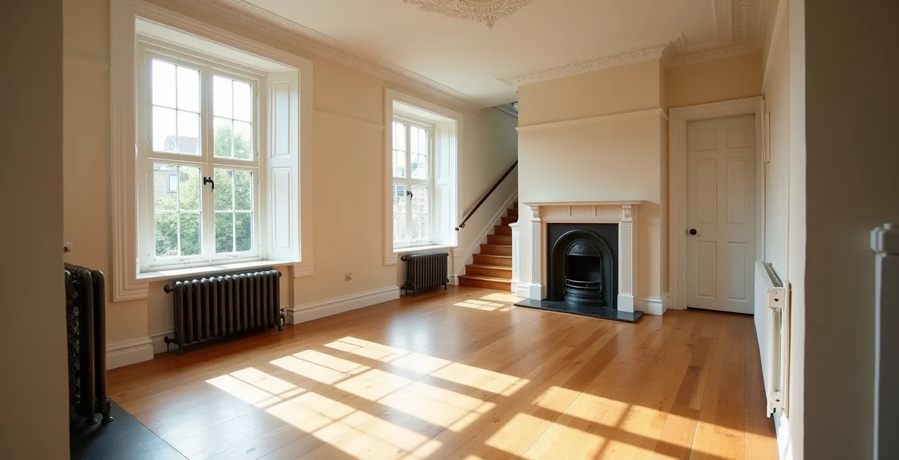 Wide view of a Victorian terrace interior showing distinct living and dining zones, illustrating the concept of heating different areas separately.