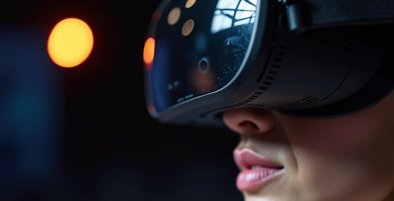 Extreme close-up of VR headset technology worn by theatre audience member