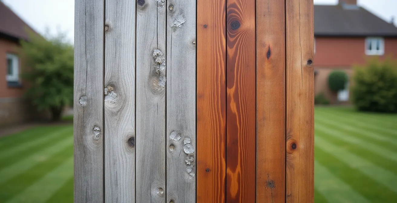 Split view showing British larch and Western red cedar cladding after natural weathering