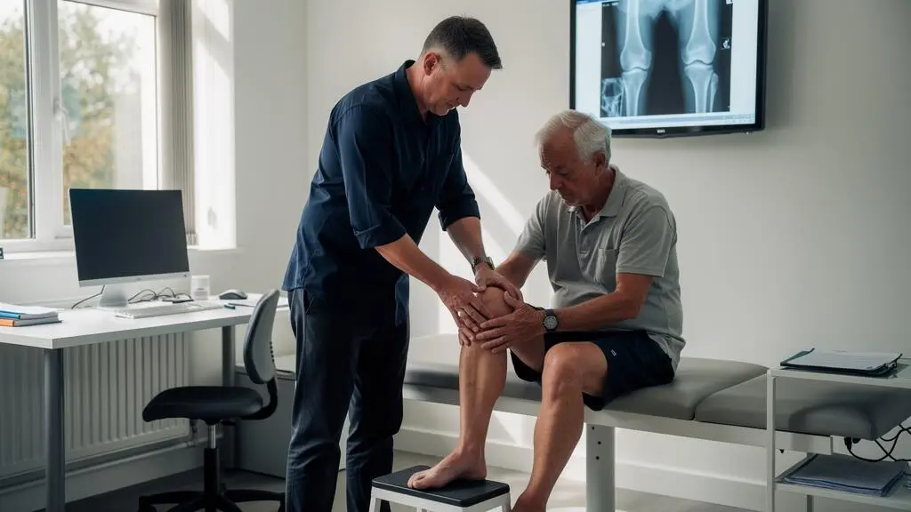 A knee surgeon palpates the knee of an older male patient seated on an examination couch in a UK clinic consultation room.