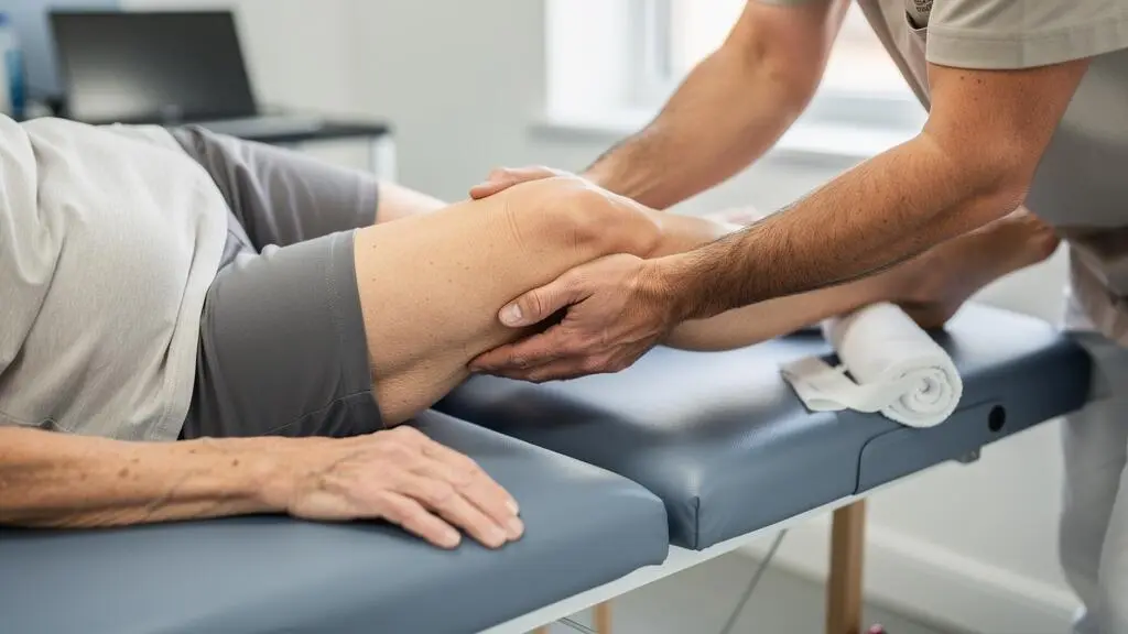 A physiotherapist supports the lower leg of a senior woman during a guided knee flexion exercise on a treatment plinth.