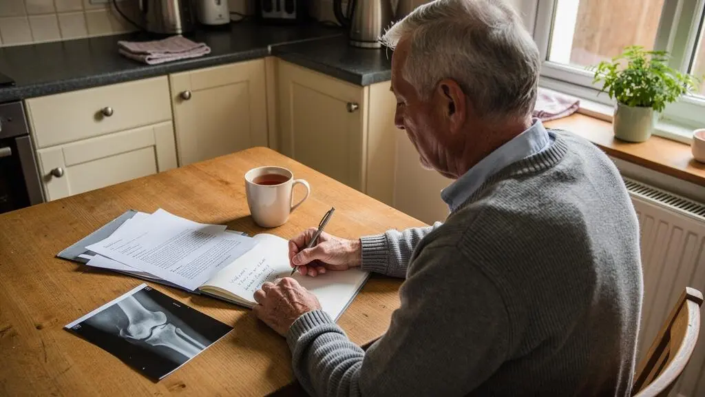 A senior man writes notes in a notebook at his kitchen table next to a folder containing documents and a knee X-ray film.